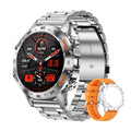 Smart Bluetooth watch for men with fitness tracking, waterproof design, stainless steel strap, digital display, heart rate monitor, and interchangeable band on a white background