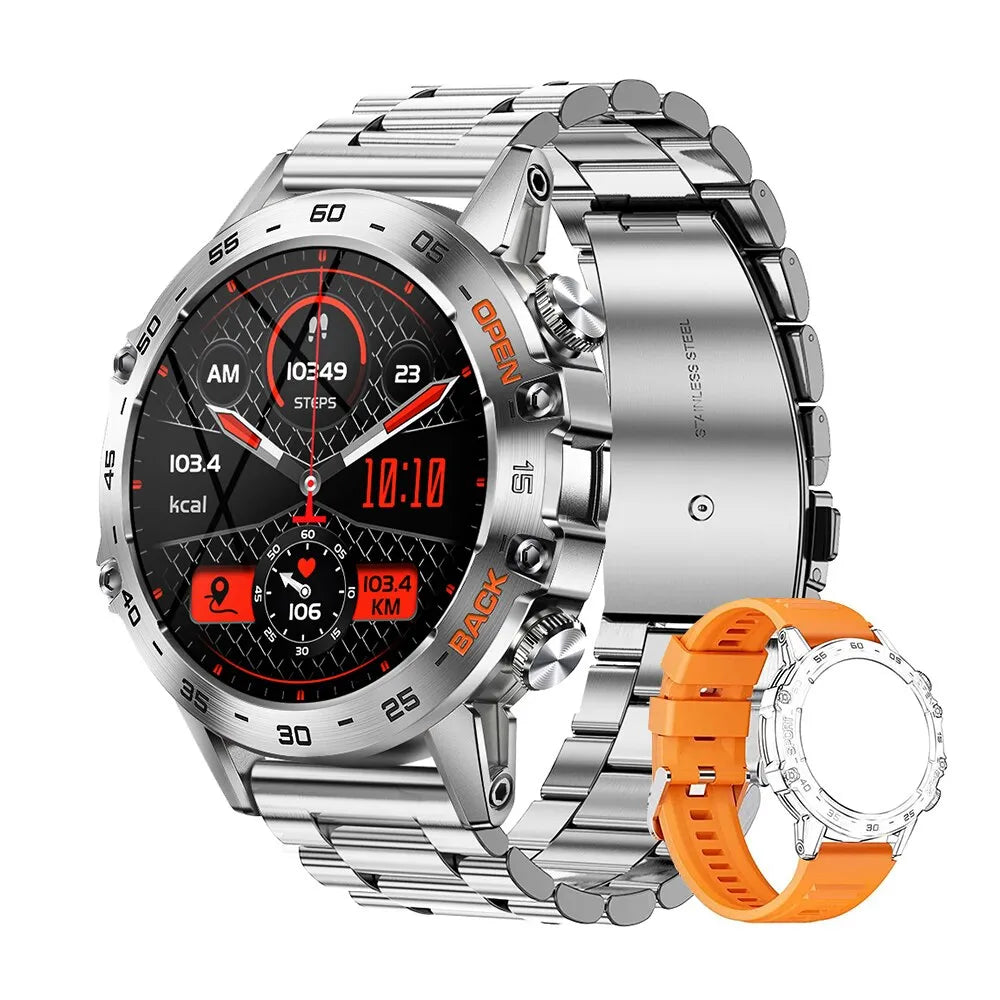 Smart Bluetooth watch for men with fitness tracking, waterproof design, stainless steel strap, digital display, heart rate monitor, and interchangeable band on a white background
