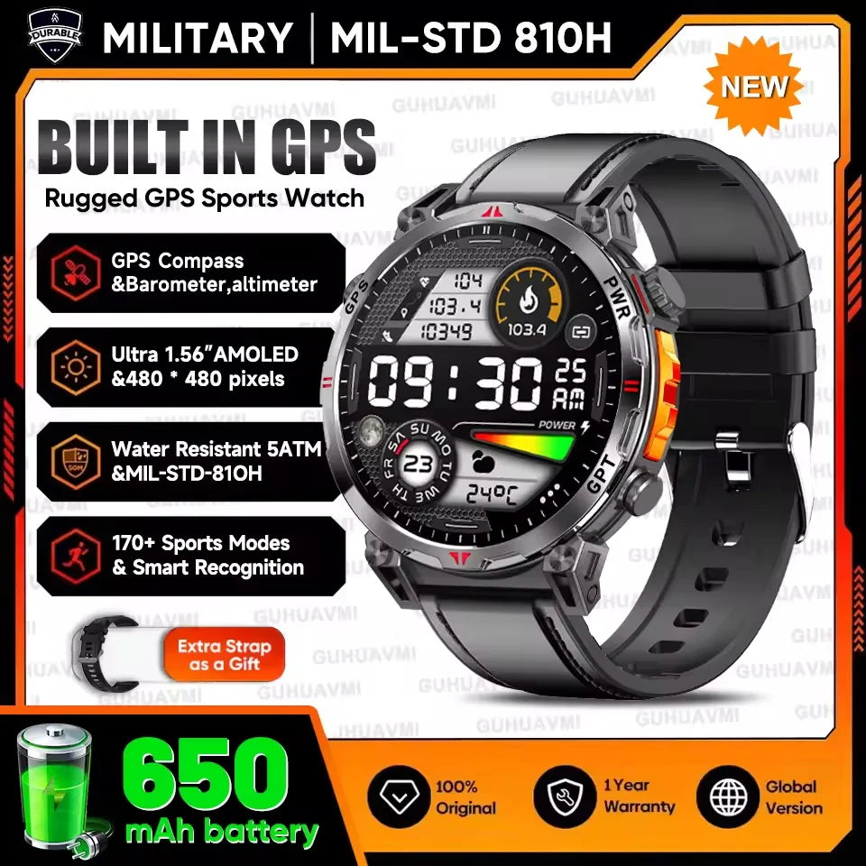 Smart  GPS smartwatch with AMOLED display and rugged design, showing fitness metrics and navigation, featuring 5ATM waterproof build, compass functions, and outdoor sports tracking style