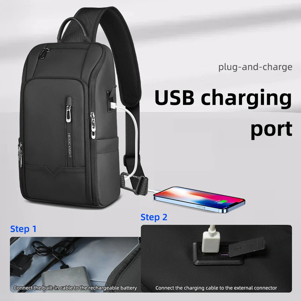 Smart Men’s Sling Bag Anti-Theft Waterproof USB Crossbody, USB Charging port on a white background