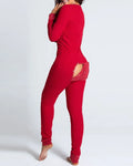 red buttoned sexy women's jumpsuit pyjama with open butt flap and festive christmas print sleepwear