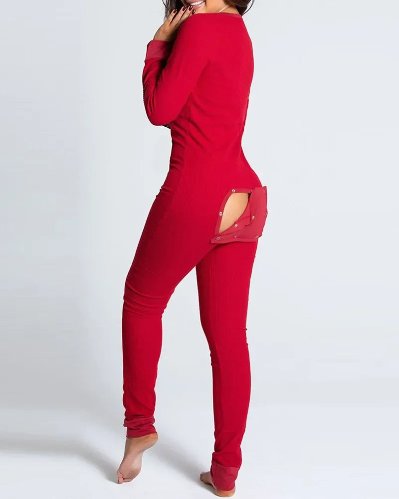 red buttoned sexy women's jumpsuit pyjama with open butt flap and festive christmas print sleepwear