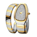 Sophisticated snake watch for women with gold and silver expandable bracelet, crystal dial, diamond bezel, and elegant luxury design on a white background