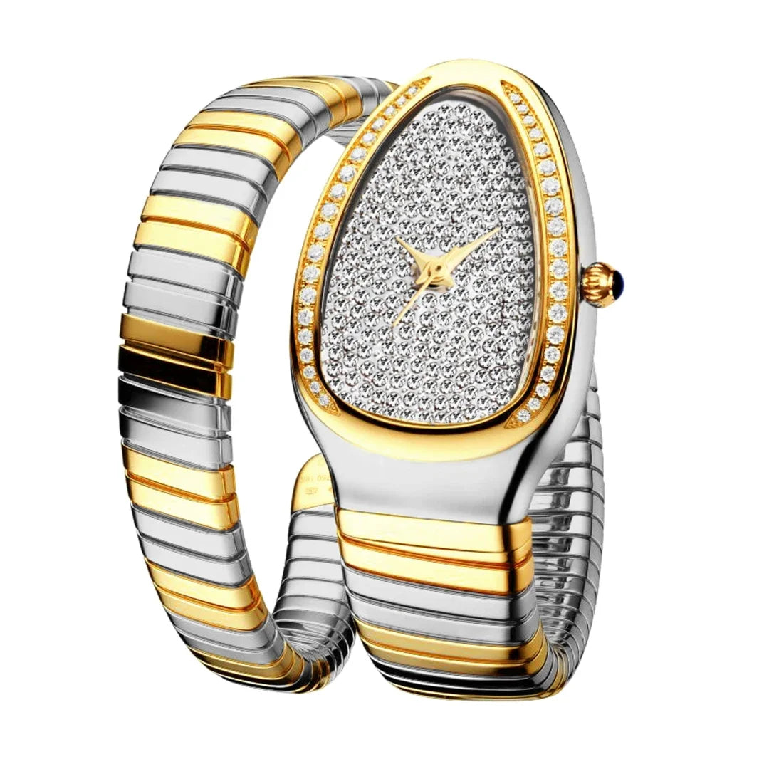 Sophisticated snake watch for women with gold and silver expandable bracelet, crystal dial, diamond bezel, and elegant luxury design on a white background