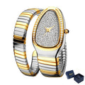 Sparkling snake watch for women with gold and silver expandable bracelet, crystal dial, diamond bezel, and elegant luxury design on a white background