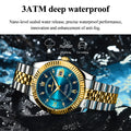 Sporty men’s waterproof watch with gold and silver steel band, blue dial, luminous hands, Roman numerals, date display