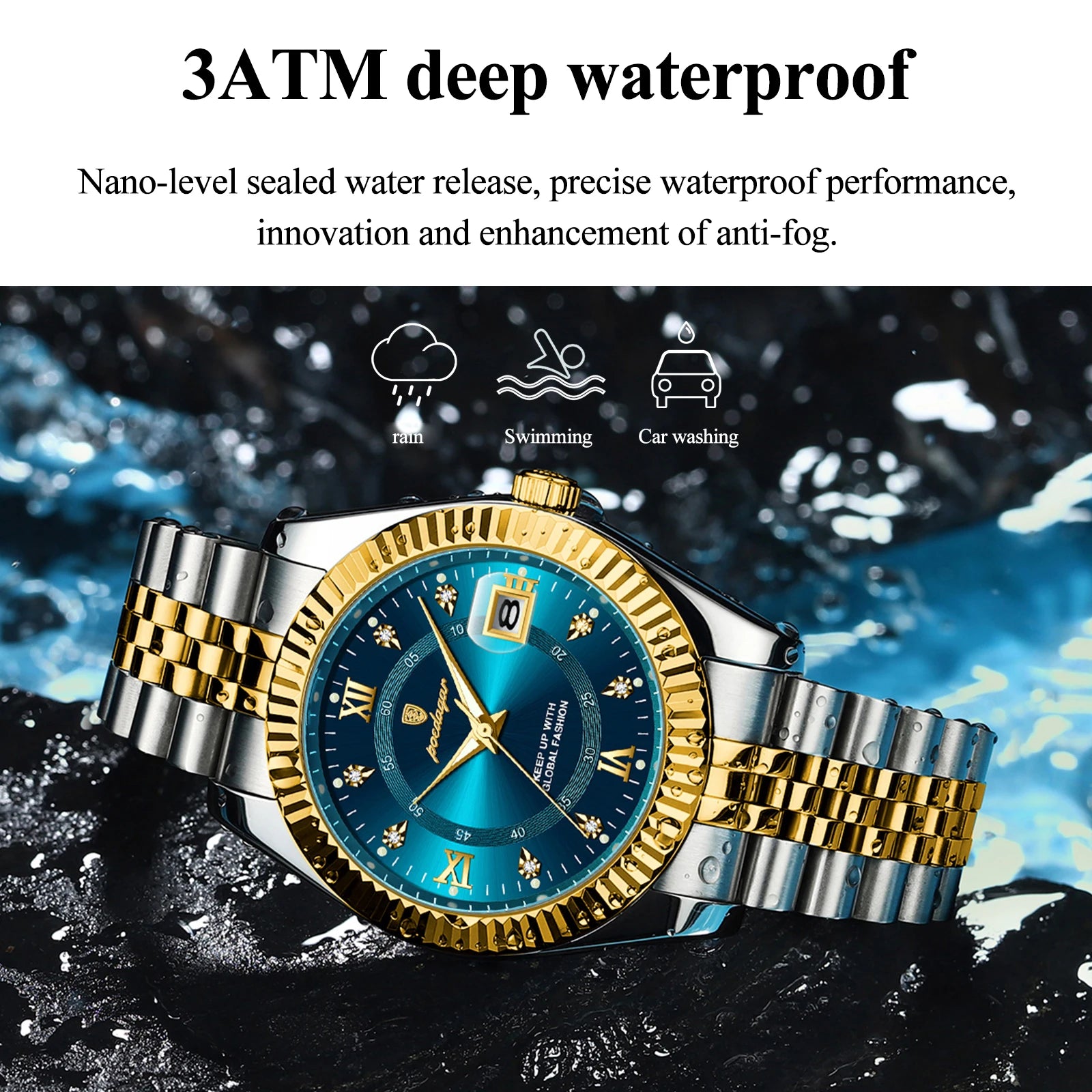 Sporty men’s waterproof watch with gold and silver steel band, blue dial, luminous hands, Roman numerals, date display