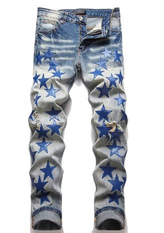 Men’s High Street Blue Star Embroidered Jeans – Slim Fit Denim Pants, Stylish Autumn Fashion for Vaqueros Hombre