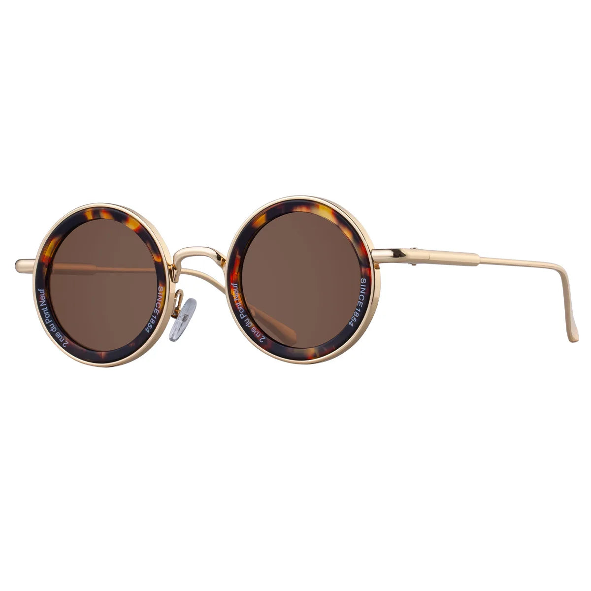Round sunglasses with tortoiseshell frame and brown lenses on a white background
