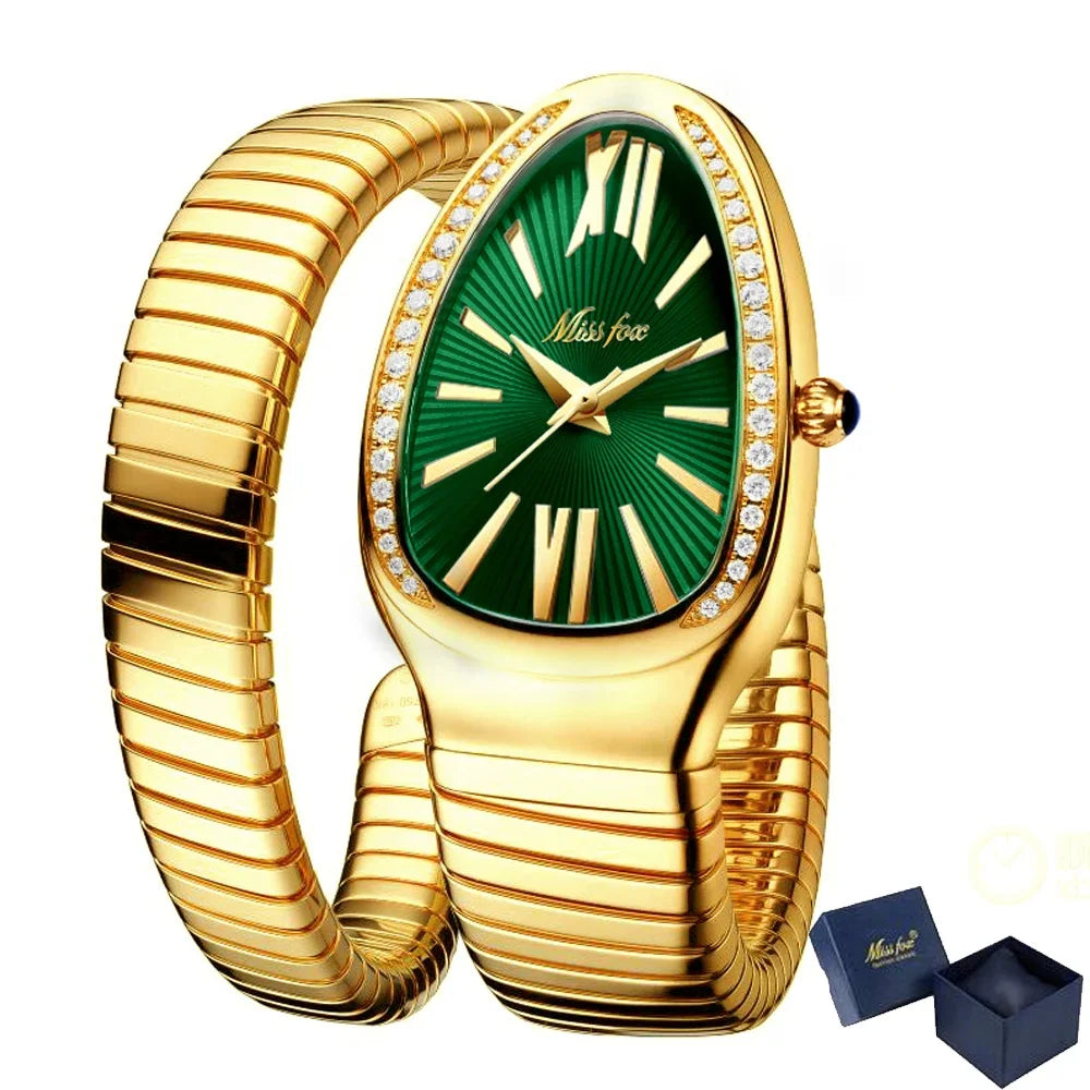 Stunning snake watch for women with gold expandable bracelet, green dial, diamond bezel, Roman numerals, and elegant luxury design