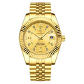 Stylish men's stainless steel wristwatch with a gold-tone casing, featuring a round dial with gold  hands, on a white background
