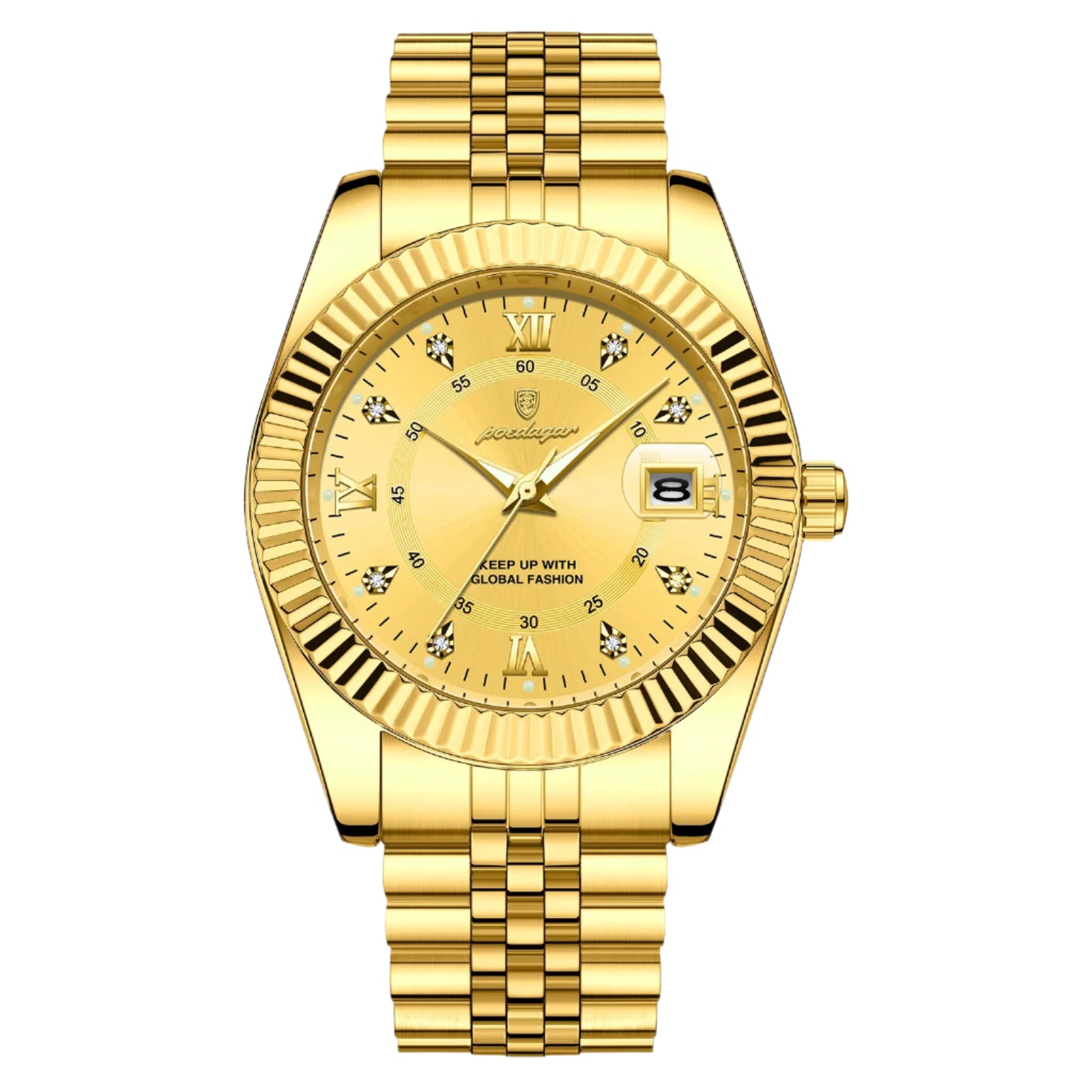 Stylish men's stainless steel wristwatch with a gold-tone casing, featuring a round dial with gold  hands, on a white background
