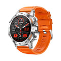 Stylish men’s smartwatch with Bluetooth calling, fitness tracking, waterproof design, orange silicone strap, digital display, heart rate monitor, and sport features watch on a white background
