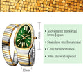 A gold and silver scalable bracelet with bling diamonds, featuring a snake-shaped watch case with a green dial and silver hands.