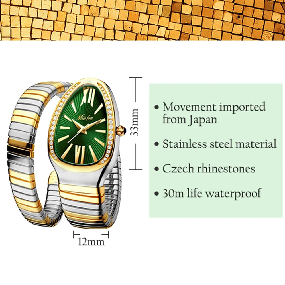 A gold and silver scalable bracelet with bling diamonds, featuring a snake-shaped watch case with a green dial and silver hands.