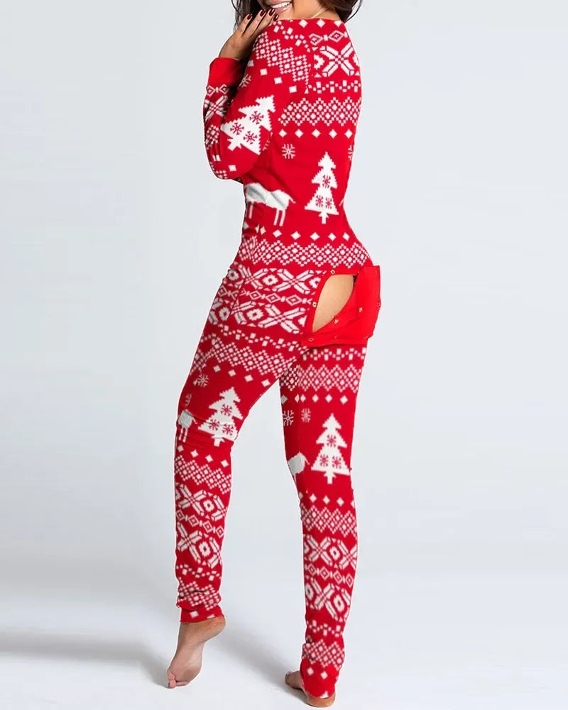 red women's christmas print loungewear jumpsuit with sexy butt flap and front button-down style