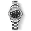 Stylish women’s diamond dial watch with black face, stainless steel bracelet, crystal bezel, date display, and waterproof luxury look on a white background