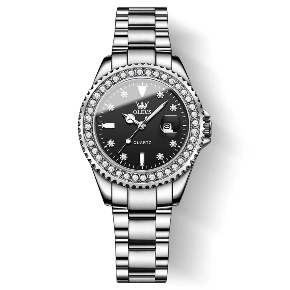 Stylish women’s diamond dial watch with black face, stainless steel bracelet, crystal bezel, date display, and waterproof luxury look on a white background