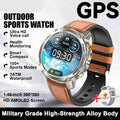 Smartwatch with brown and black band on a white background, featuring text about its features.