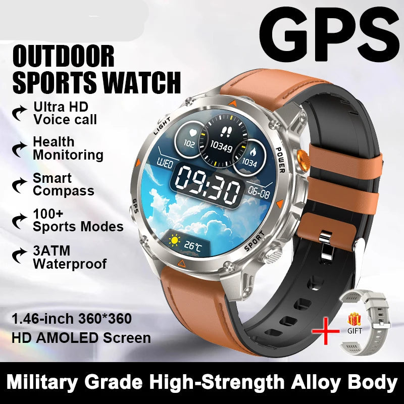 Smartwatch with brown and black band on a white background, featuring text about its features.