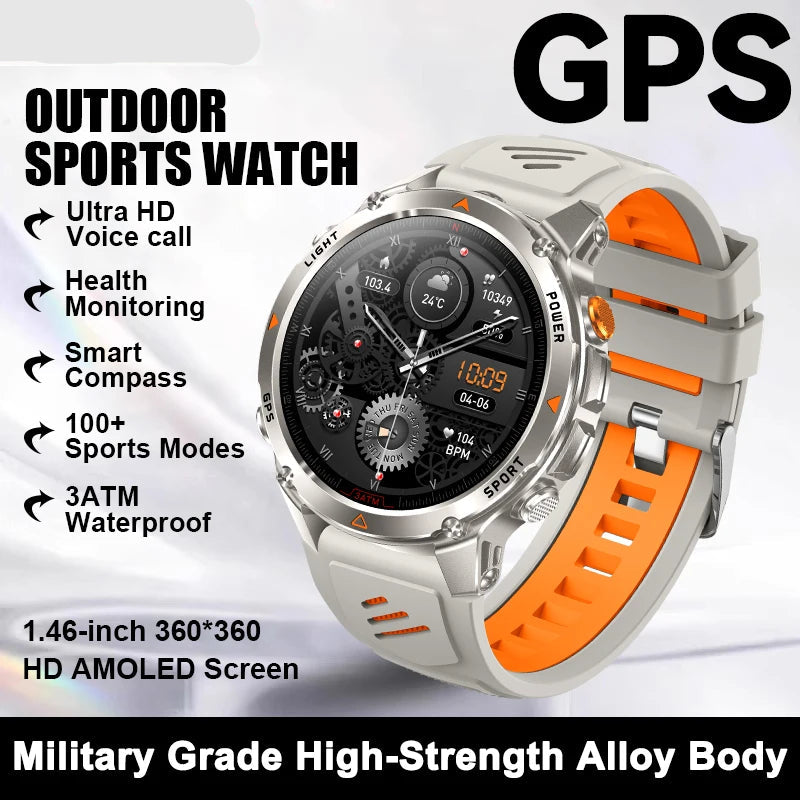 Outdoor sports watch with orange and gray band on a white background.