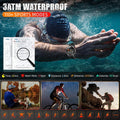 Person swimming underwater with a smartwatch, showcasing 3ATM waterproof and 110+ sports mode features.
