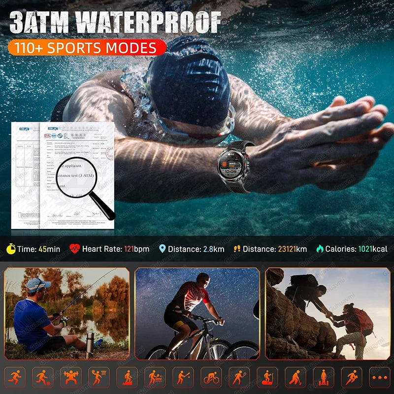 Person swimming underwater with a smartwatch, showcasing 3ATM waterproof and 110+ sports mode features.