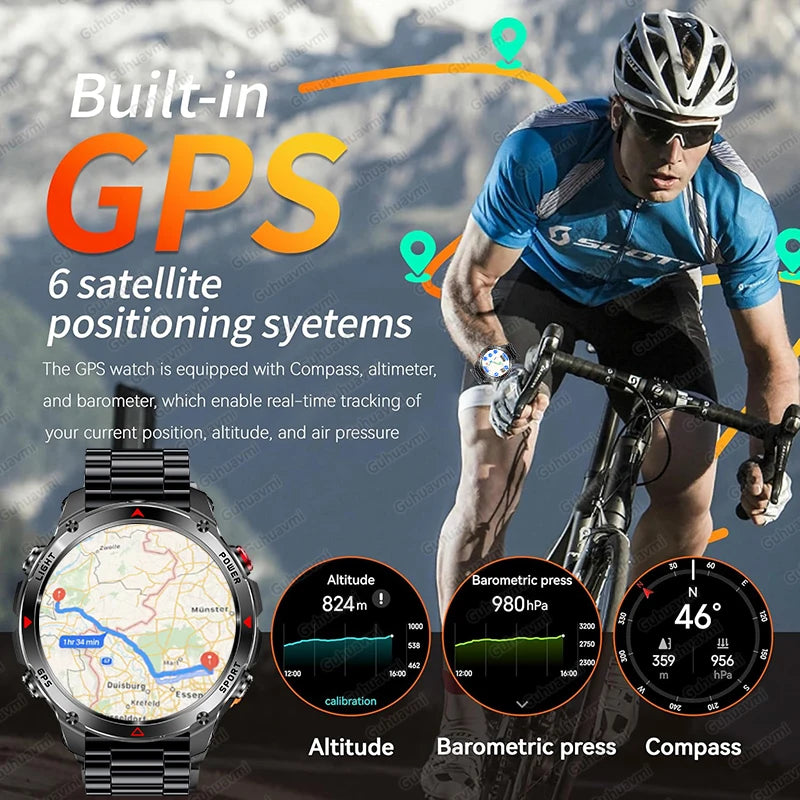Bicycle rider with a GPS watch displaying altitude, barometric pressure, and compass readings.