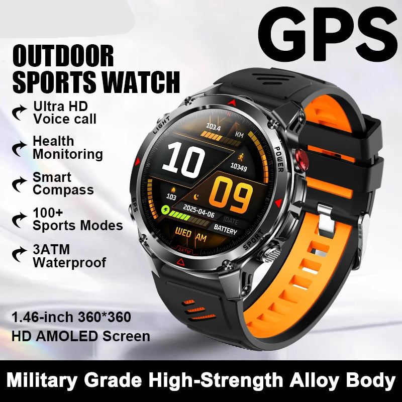 Smartwatch with orange and black band on a white background, featuring various functionalities.
