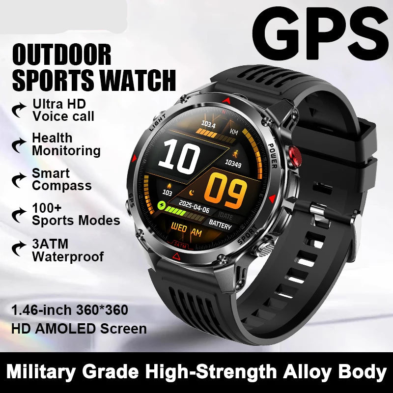 Smartwatch with features listed on a white background.