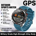 Blue outdoor sports watch with digital display on a white background, featuring text about its features.