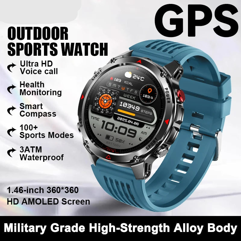 Blue outdoor sports watch with digital display on a white background, featuring text about its features.
