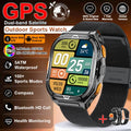 Smartwatch with colorful display on a brown background, featuring various features and branding.