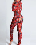 cute holiday print pyjama jumpsuit for women with open ass flap and soft buttoned front style


