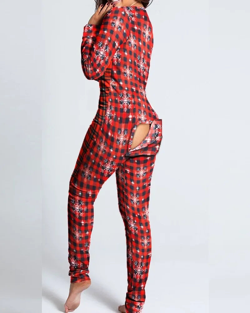 cute holiday print pyjama jumpsuit for women with open ass flap and soft buttoned front style


