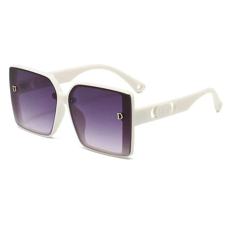 White sunglasses with purple gradient lenses on a white background