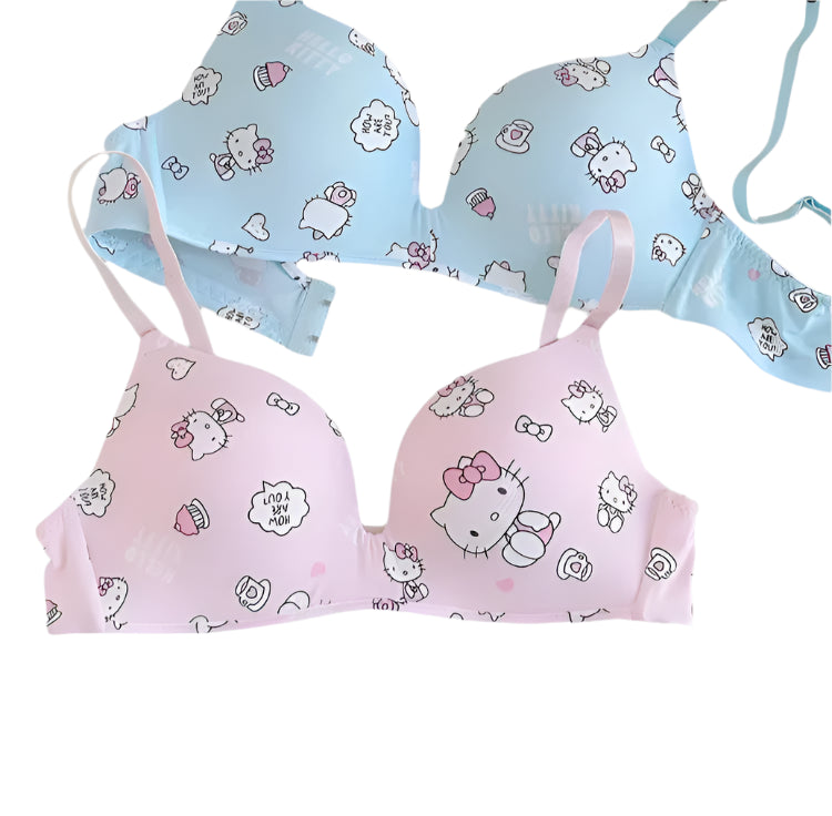 Blue and pink hello kitty women’s sexy bra on a white background