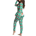 green women's sexy christmas print jumpsuit loungewear with button-down front and bum flap opening