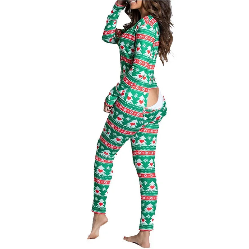 green women's sexy christmas print jumpsuit loungewear with button-down front and bum flap opening