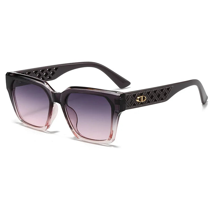 Sunglasses with black lattice design on arms and gradient purple lenses on a white background
