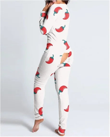 button-down women's christmas pajamas with sexy bum flap design and cozy jumpsuit style