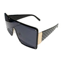 Sunglasses with black frame and gradient lenses on a white background