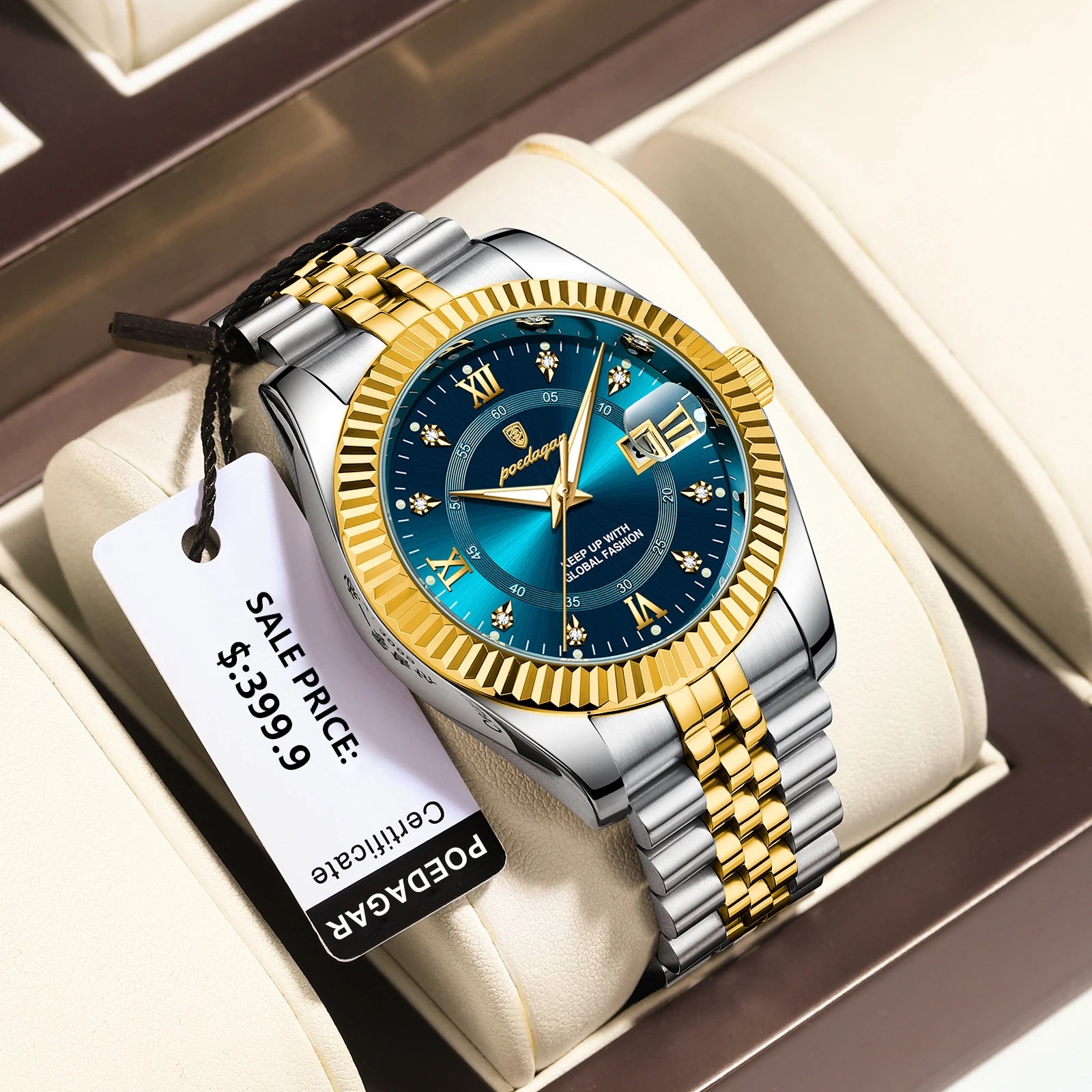 Trendy men’s waterproof watch with gold and silver steel band, blue dial, luminous hands, Roman numerals, date display, and luxury gift box presentation