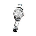 Trendy silver wristwatch with decorative face held by a hand, brand 'OLEVS' visible on a white background