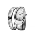 Trendy snake bracelet watch for women with silver expandable band, textured dial, diamond bezel, and elegant bling style design on a white background