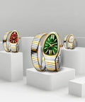 Trendy snake bracelet watch for women with gold glow, green dial, diamond accents, and gold silver stretch band displayed in luxury style setting