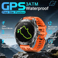 Orange GPS watch with mountainous background and feature highlights.