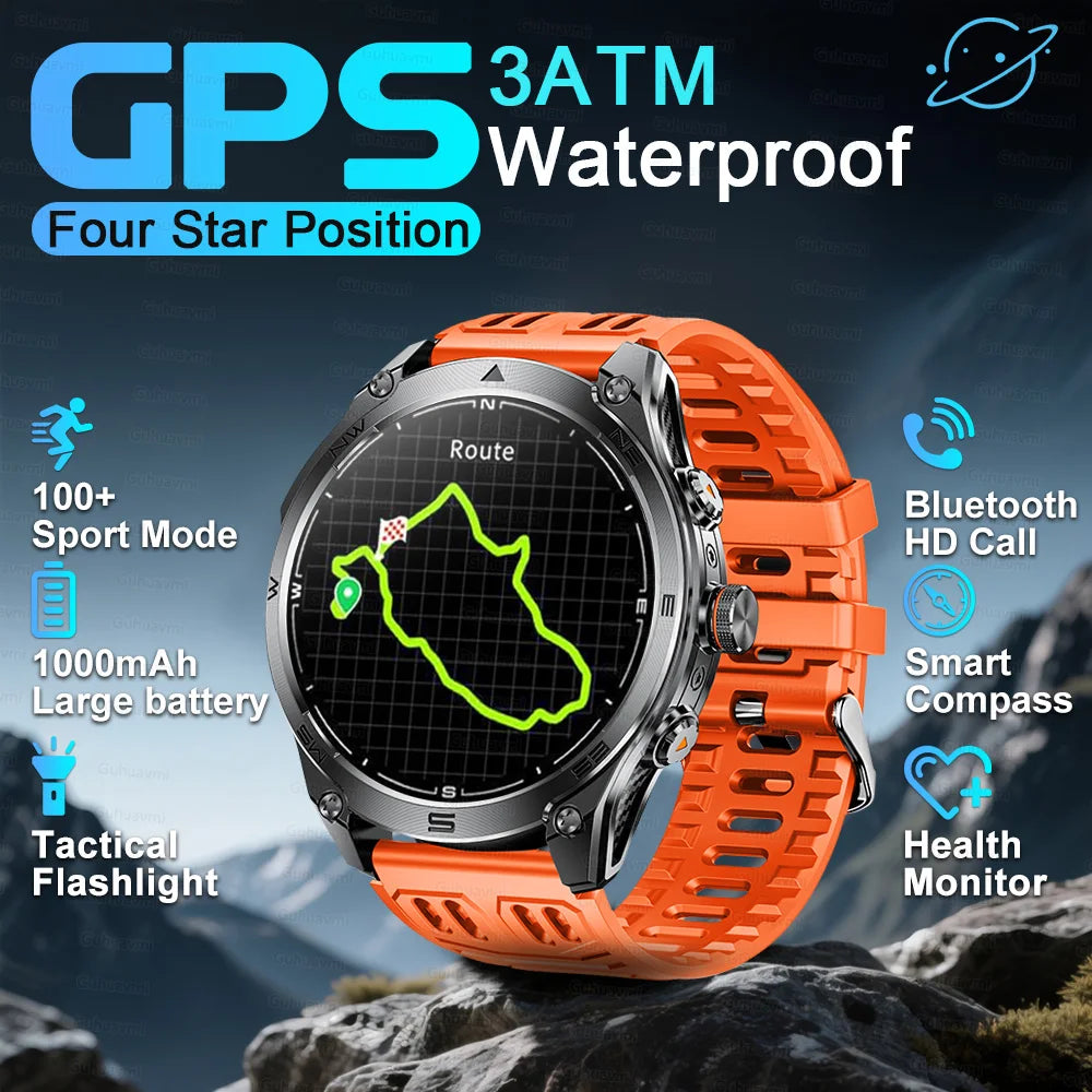 Orange GPS watch with mountainous background and feature highlights.