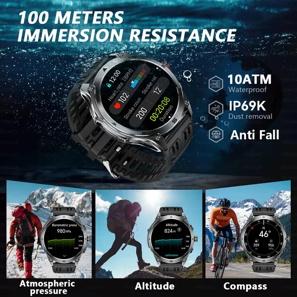 Smartwatch with water resistance features and outdoor activities shown on screen