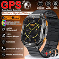 Smartwatch with black metal band on a brown background with product features listed.